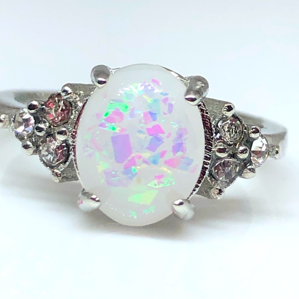 Silver Oval Lab Grown Opal Ring - image 1